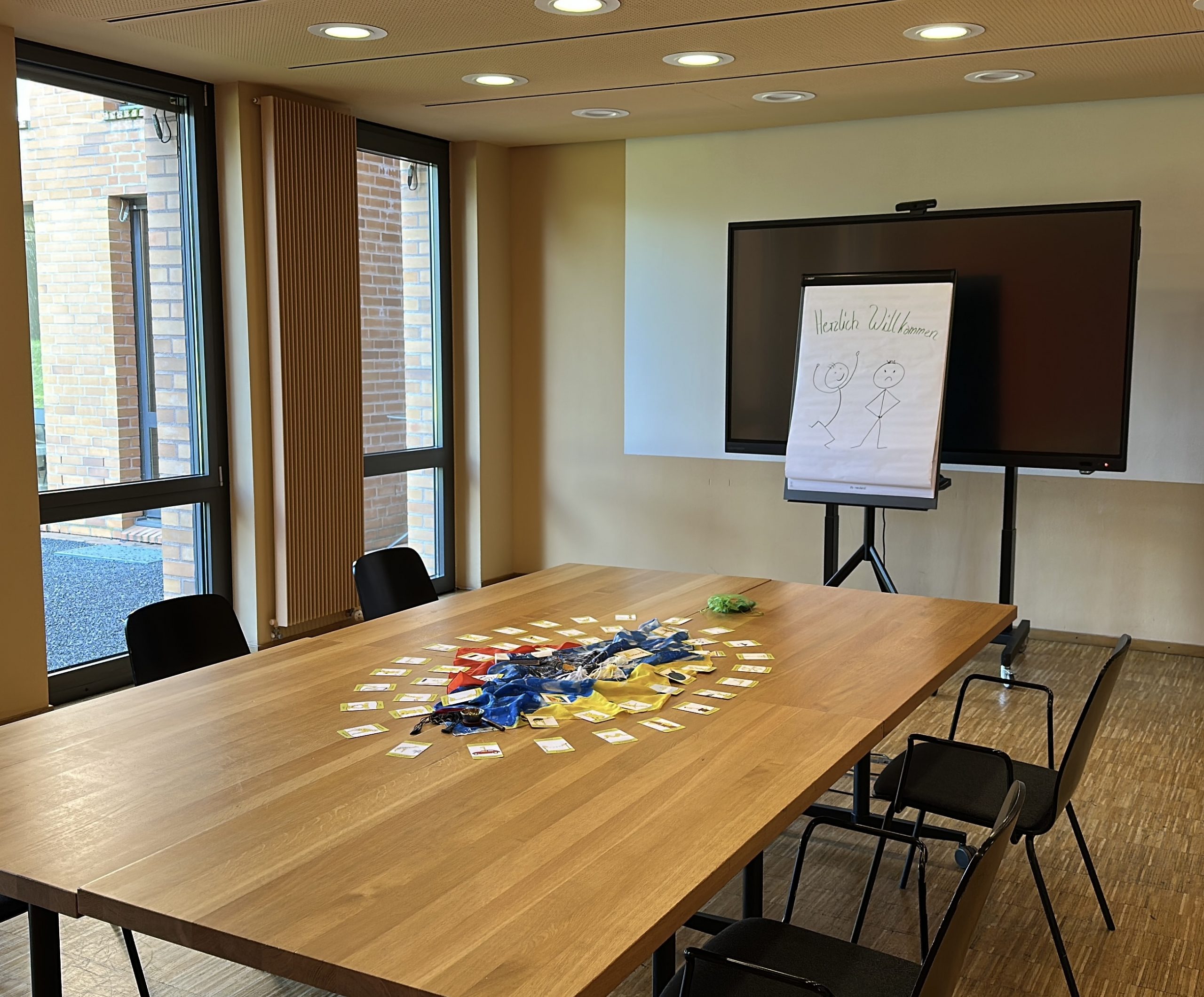 Ein Konferenzraum mit Bedürfniskarten auf dem Tisch, eine Flipchart und einem großen Monitor.